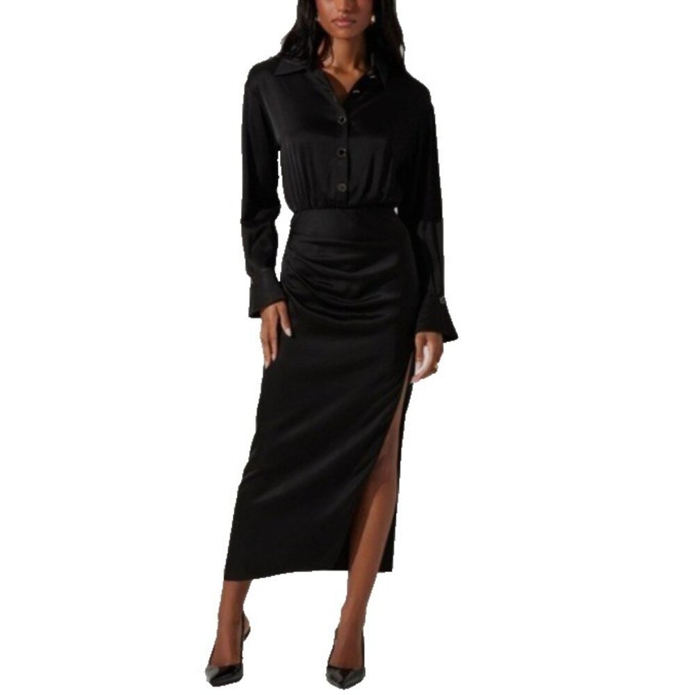 ASTR The Label Elizabello Satin Midi Shirt Dress Black Long Sleeve S Small NEW